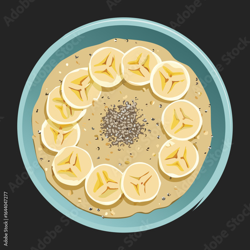 Top down view of a bowl of delicious oatmeal with fresh banana and seeds - Vector Illustration
