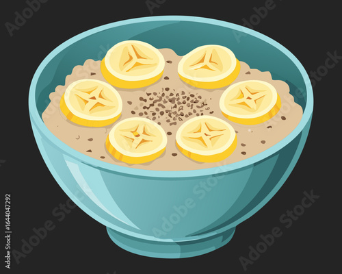 Healthy oatmeal porridge in a blue bowl topped with banana slices and chia seeds - Vector Illustration

