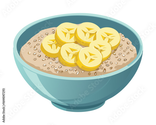 Healthy oatmeal porridge in a blue bowl topped with banana slices and chia seeds - Vector Illustration