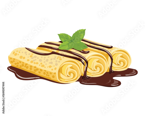 Rolled Crepes with Chocolate Drizzle and Mint - Vector Illustration