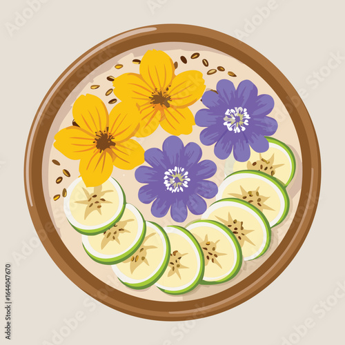A Bowl of Oatmeal with Flowers and Fruit Slices - Vector Illustration