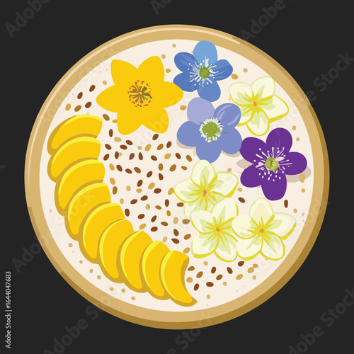 A Bowl of Oatmeal with Flowers and Fruit Slices - Vector Illustration