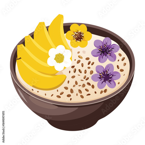 A Bowl of Oatmeal with Mango and Flower Garnishes - Vector Illustration