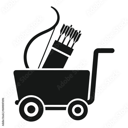 Black silhouette of a bow and arrows in a quiver on a cart transport