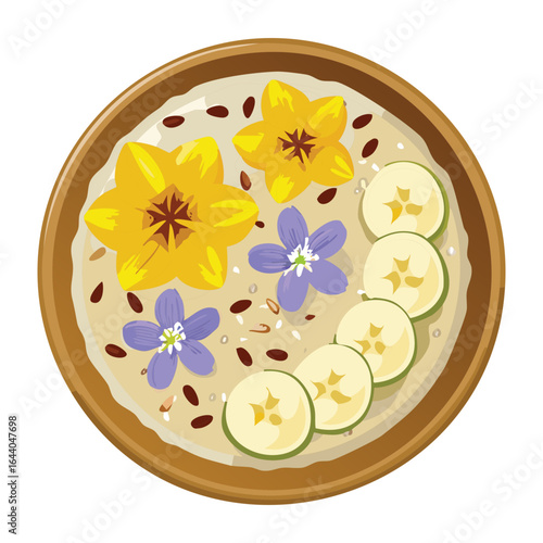 A Bowl of Oatmeal with Flowers and Fruit Slices - Vector Illustration