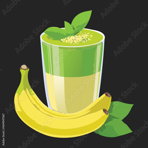 A Glass of Green Layered Smoothie with a Banana - Vector Illustration