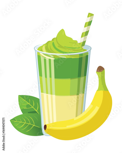A Glass of Green Layered Smoothie with Straw - Vector Illustration