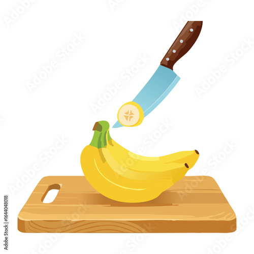 Slicing a Fresh Banana on a Wooden Cutting Board - Vector Illustration