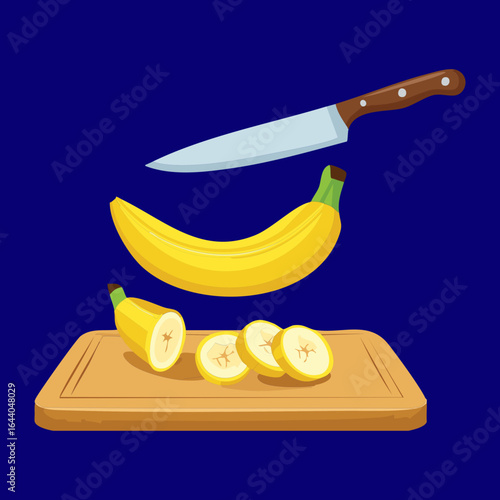 Slicing a Fresh Banana on a Cutting Board with a Knife - Vector Illustration