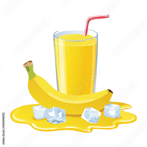 A Glass of Banana Smoothie with a Straw and a Banana - Vector Illustration