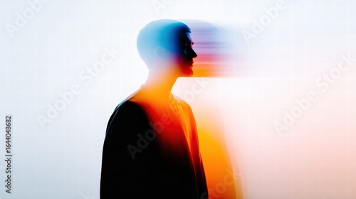A vibrant silhouette of a person with streaks of color, in a dynamic artistic composition.