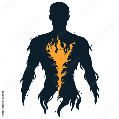 Flaming Heart in Human Silhouette on White Background