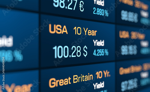 Close up government bond yields and prices of United States, US treasuries. Financial  markets, investment, debt, analyzing, market data. 3D illustration