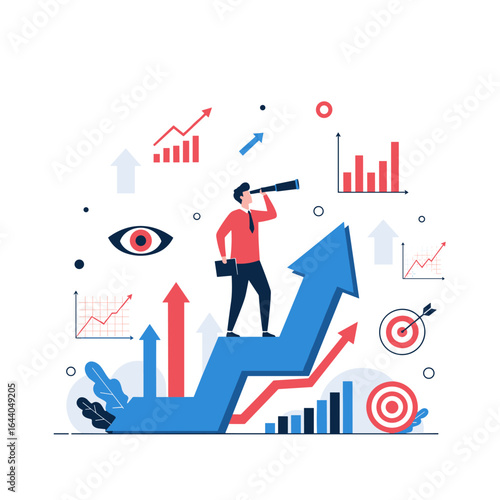 Businessman with telescope on upward trend arrow observing financial growth charts and targets