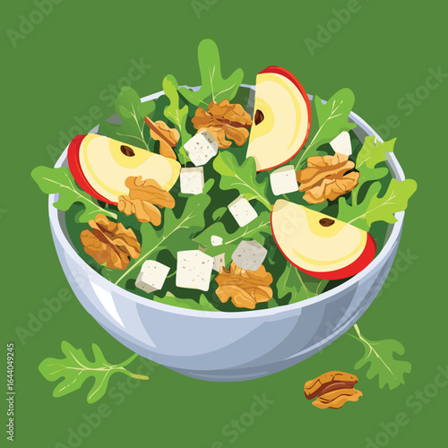 Fresh Green Salad with Sliced Apples, Walnuts in a Green Bowl - Vector Illustration