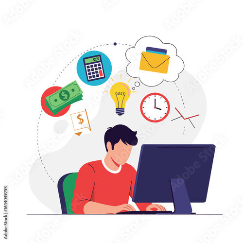 Analyzing financial data and managing work tasks with a computer displaying key information and icons