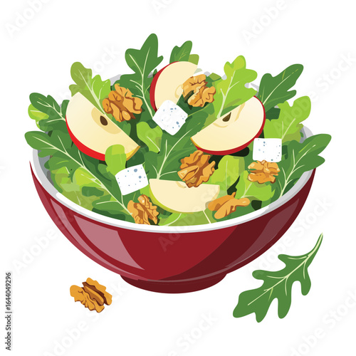 Arugula Salad with Sliced Apples and Walnuts in a Red Bowl - Vector Illustration