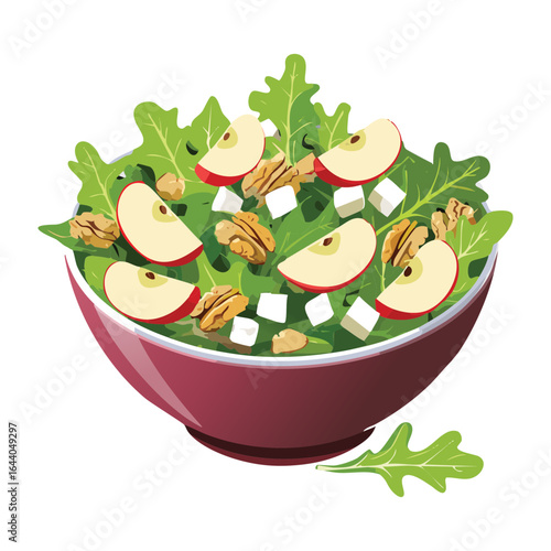 Fresh Green Salad with Walnuts, Apple Slices in Red Bowl - Vector Illustration
