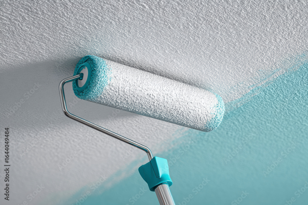 Obraz premium Paint roller applying a smooth, pastel teal coat of paint to a textured white surface, creating a fresh look.