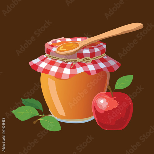 Homemade Apple Jam in a Jar with a Spoon - Vector Illustration