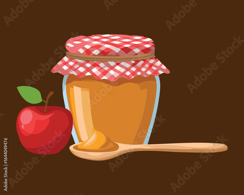 Freshly Made Apple Jam in a Jar with a Checked Cloth - Vector Illustration