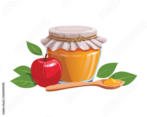 Apple Jam Jar with a Spoon and Fresh Apple Fruit - Vector Illustration