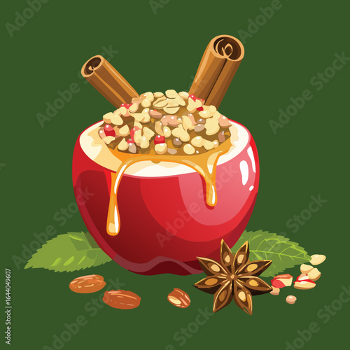 A Delicious Red Baked Apple with Oats, Cinnamon and Star Anise - Vector Illustration