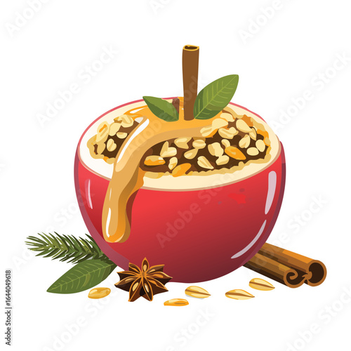 Baked Red Apple Filled with Oatmeal, Spices and a Cinnamon Stick - Vector Illustration