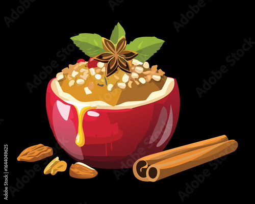 A Red Stuffed Baked Apple with Oatmeal, Cinnamon and Spices - Vector Illustration