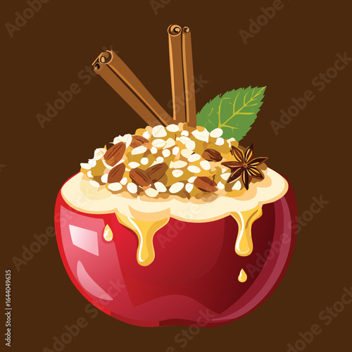 Delicious Baked Apple Dessert with Cinnamon Sticks and Star Anise - Vector Illustration