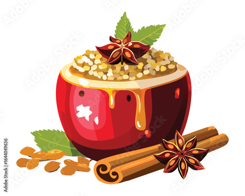 A Red Stuffed Apple with Oatmeal, Cinnamon and Spices - Vector Illustration