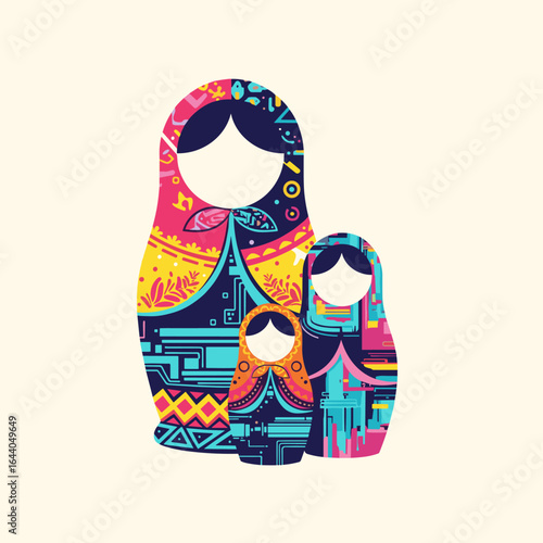 Vibrant geometric patterns adorn traditional russian nesting dolls