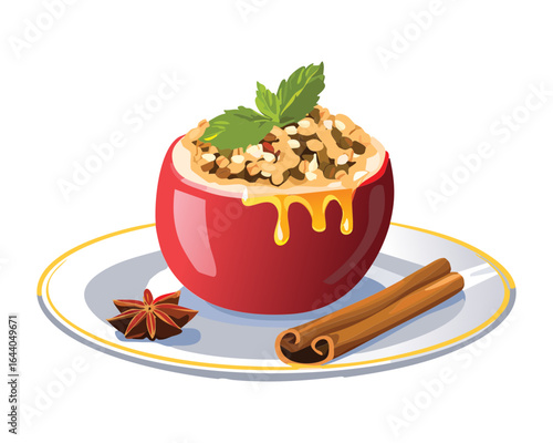  Baked Apple Filled with Oatmeal, Cinnamon and Spices - Vector Illustration