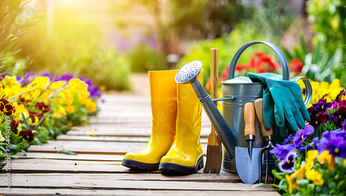 Gardening tools and bright yellow rain boots on a wooden pathway with colorful flowers in a sunny garden landscape