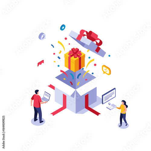 Surprise gift box unboxing with digital technology and celebration elements