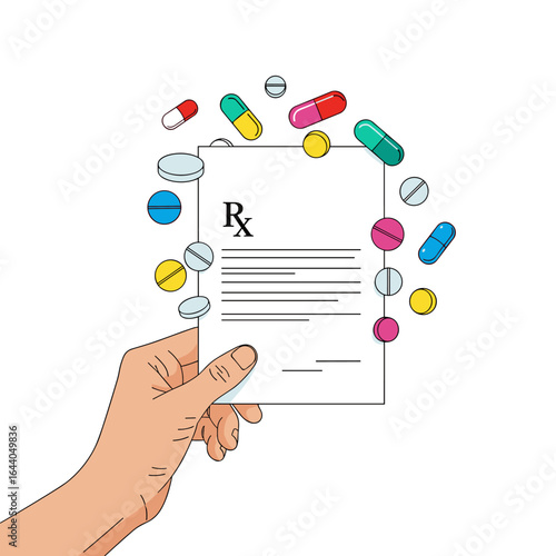 A hand holding a prescription form surrounded by assorted colorful medicine capsules and tablets