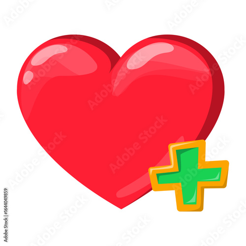 Heart with plus symbol game icon vector isolated. Concept of heal in video game. Red heart symbol, level up. Mobile app design element.