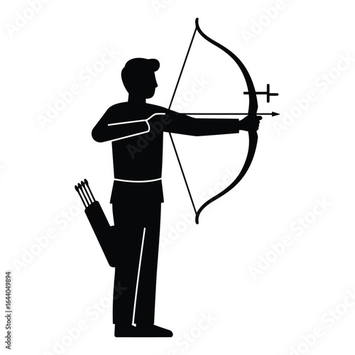 Black silhouette of an archer aiming a bow and arrow with quiver archery