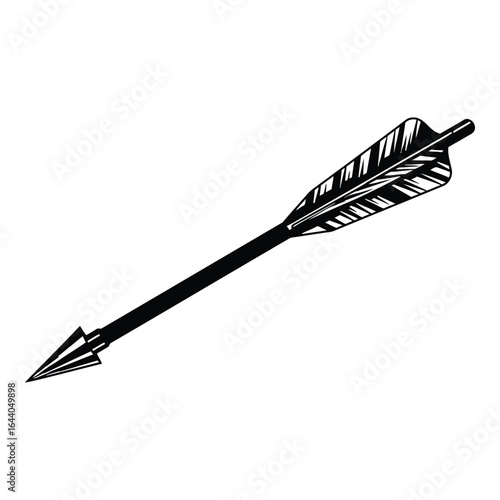 Black silhouette of an arrow with feathered fletching and pointed tip white background