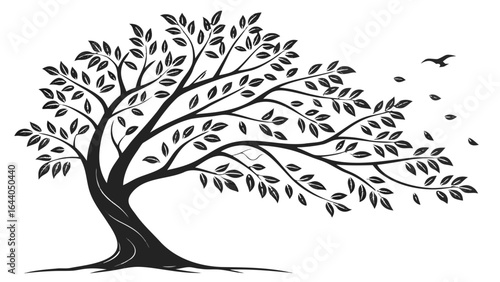 Silhouette of a windswept tree with leaves blowing and a bird in flight against a white background