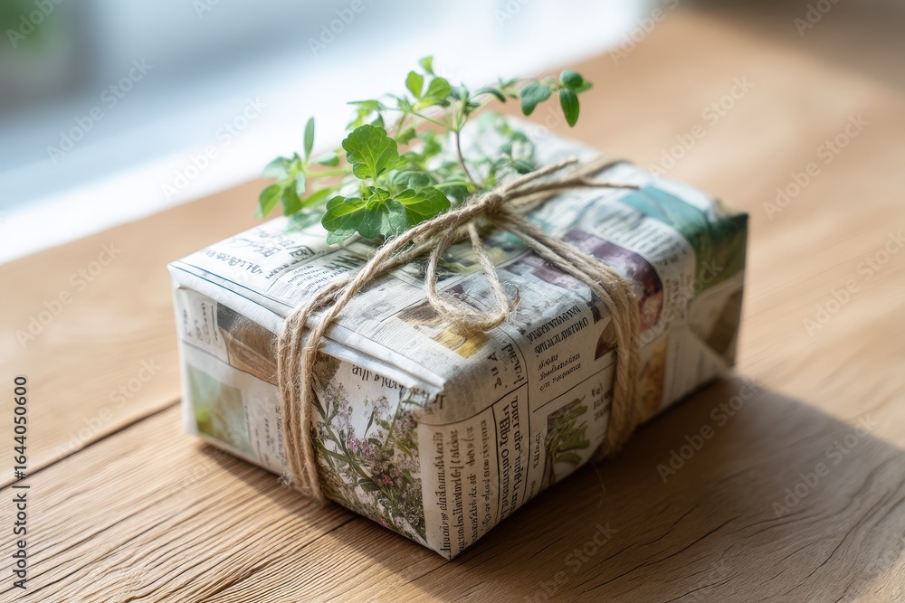 Fototapeta premium Gift wrapped in newspaper with twine and fresh herbs placed on a wooden surface