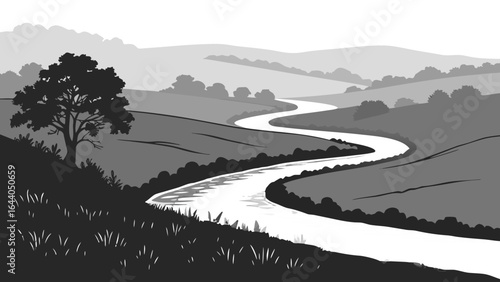 A winding river flows through a grayscale landscape with hills and a tree in the foreground view scene