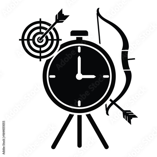 Stopwatch with bow arrow and target symbol on tripod clock time