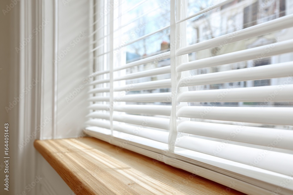 Obraz premium Wooden blinds on large windows, sunlight. Elegant living room interior with windowsill, wood blinds. Motorized jalousie in the smart house. Modern window shutters, roller. Duo system day and night.