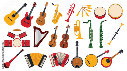 Diverse Collection of Musical Instruments Illustration Including Guitars Brass Strings Drums and More for Music Education Concepts