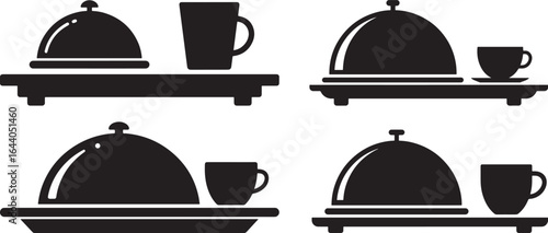 Four stylized black silhouettes of serving trays with covered dishes and cups