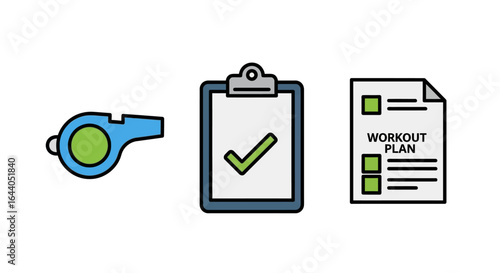 Fitness coaching icons whistle, checklist, and workout plan