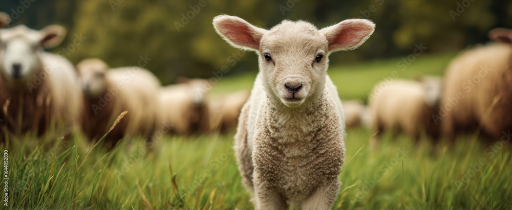 Obraz premium The adorable lamb standing in a green pasture surrounded by its flock.