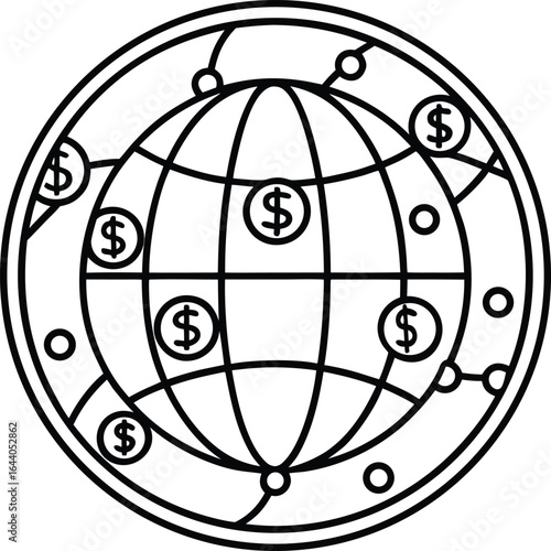 Globalization of Money and Finance a Symbolic Representation Featuring a Globe Network and Dollar Signs Showing the Spread of Wealth