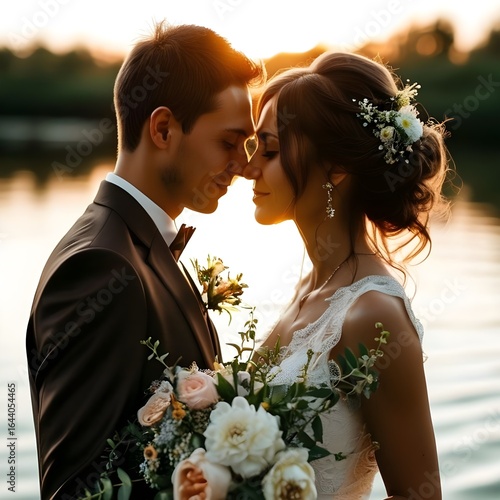 A bride and groom embracing tenderly at sunset with a bouquet and lake in the background view scene
